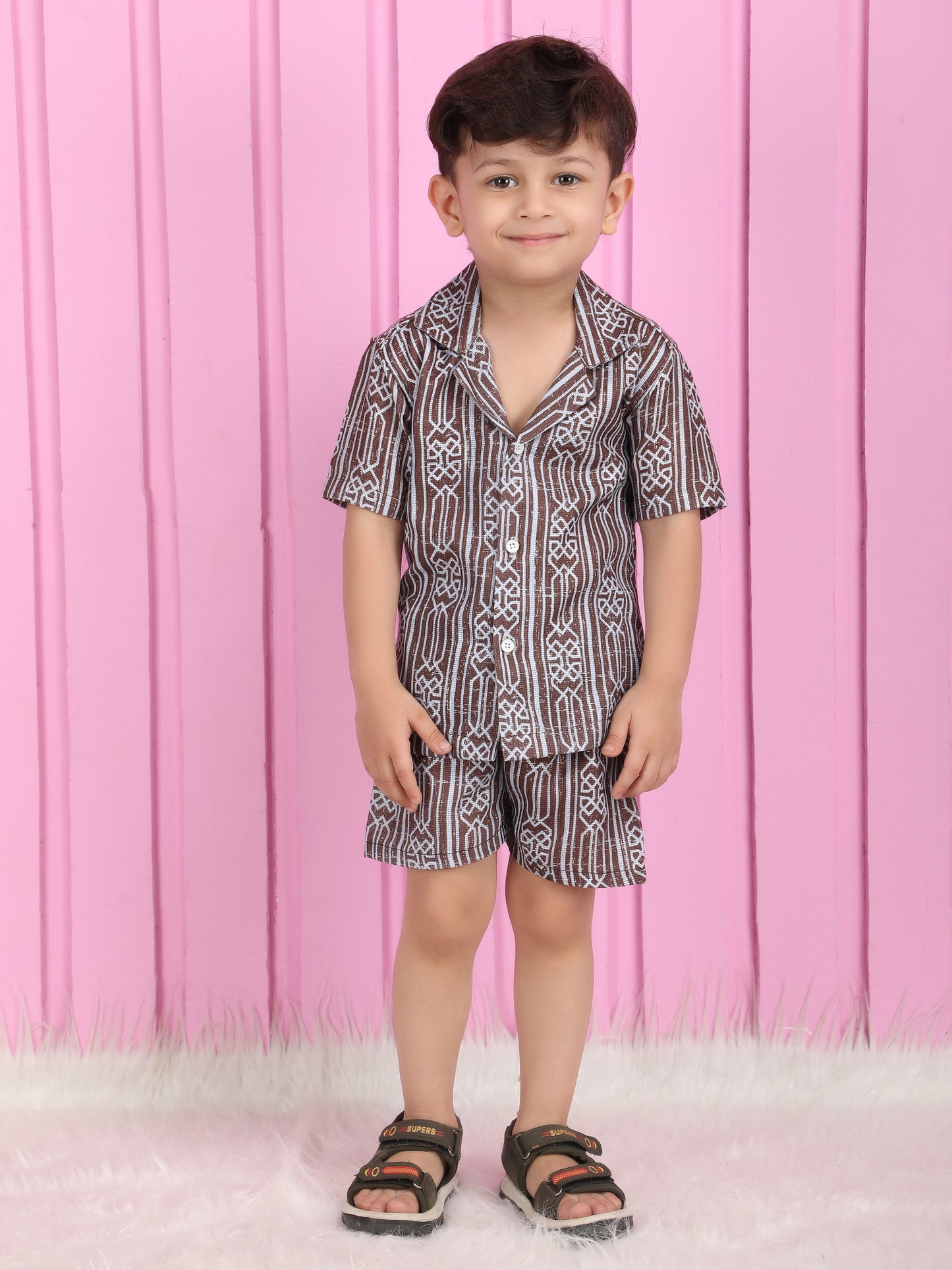 Polka Tots Half Sleeve Lining print Co-ords - Brown