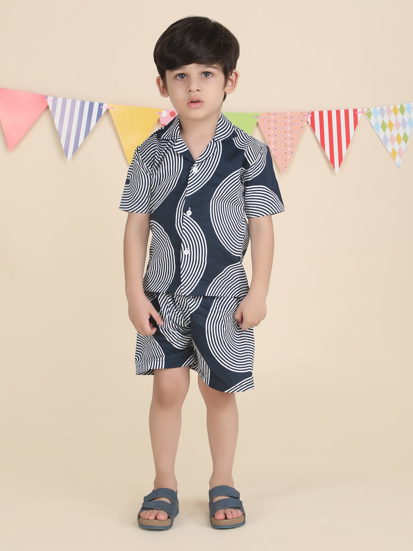 Polka Tots Half Sleeves Geometric print Co-ords - Navy