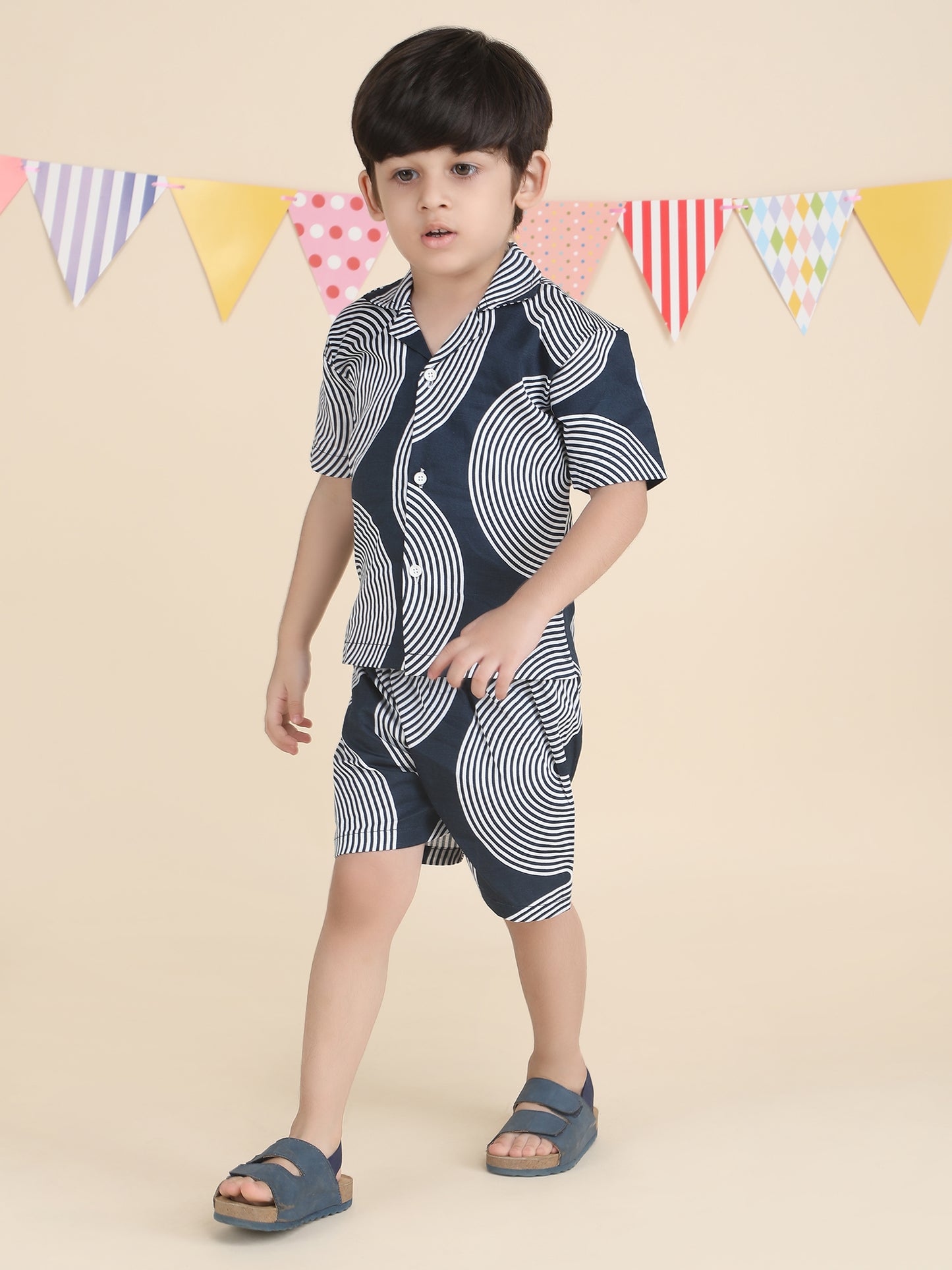 Polka Tots Half Sleeves Geometric print Co-ords - Navy