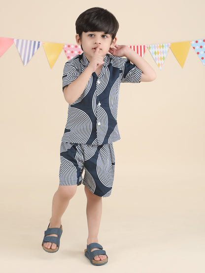 Polka Tots Half Sleeves Geometric print Co-ords - Navy