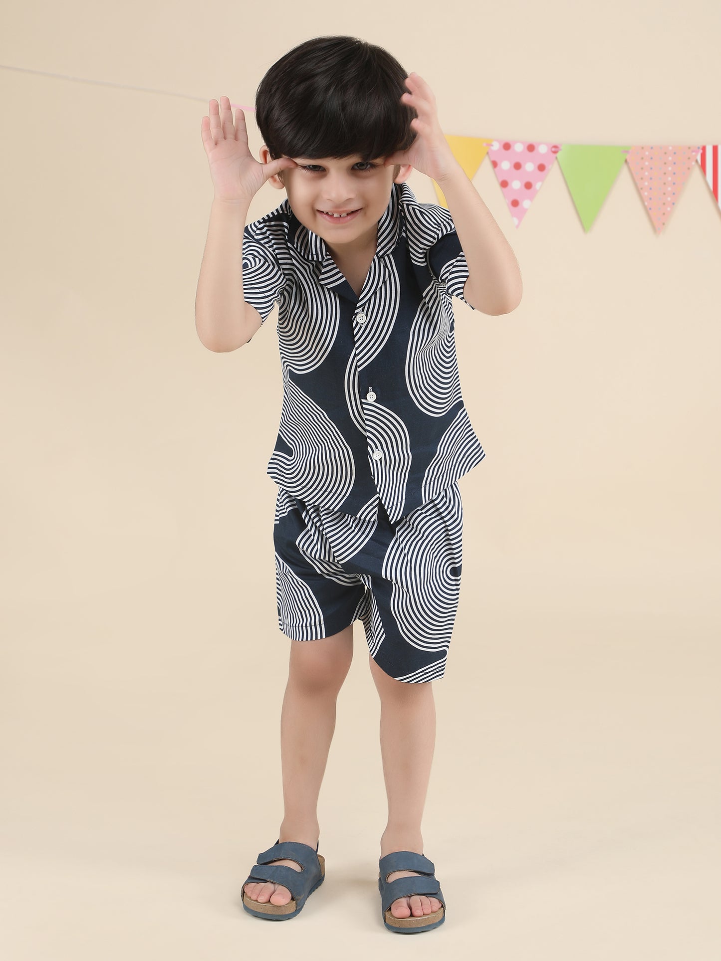 Polka Tots Half Sleeves Geometric print Co-ords - Navy