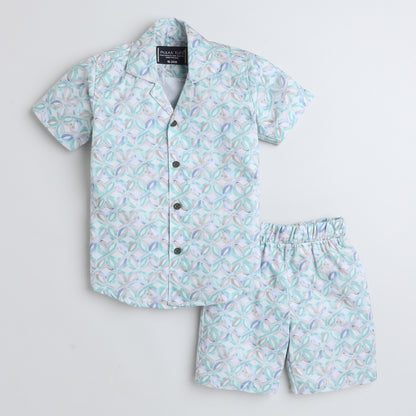 Polka Tots Cotton Half Sleeves Shirt With Shorts, Co-ord Set All Over Print - Sky Blue