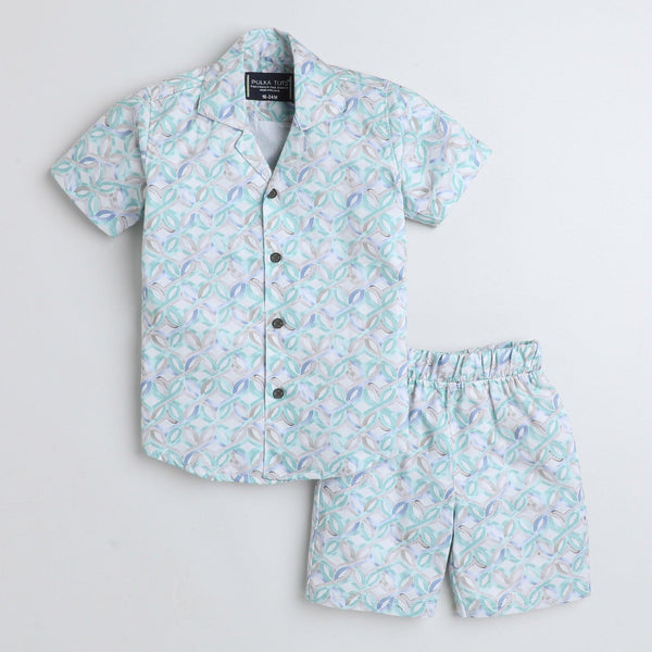 Polka Tots Cotton Half Sleeves Kids Shirt With Shorts, Co-ord Set All Over Print - Sky Blue