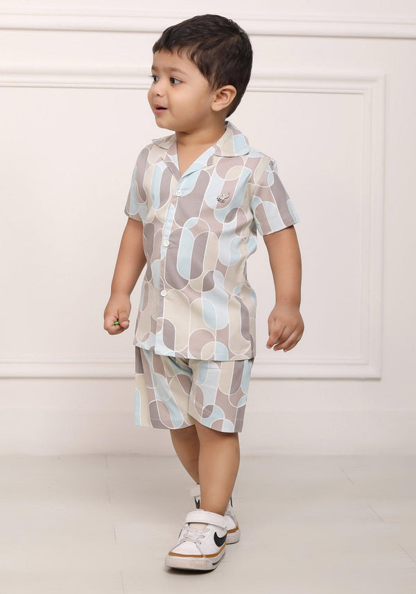 Polka Tots Cotton Half Sleeves Shirt With Shorts/Co-ord - Biege and Blue
