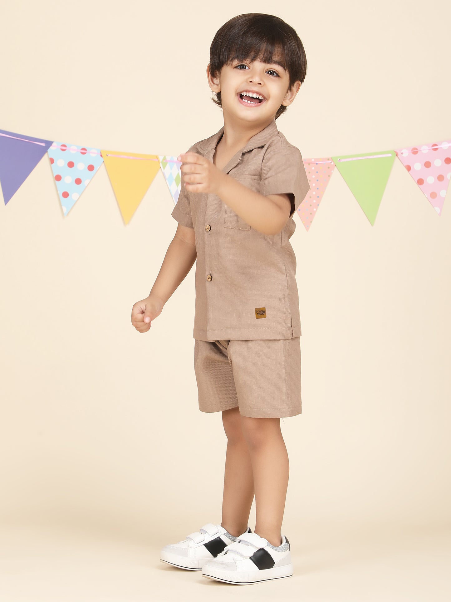 Polka Tots Half Sleeves Solid Co-ords - Beige