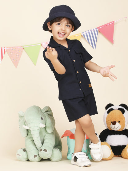 Polka Tots Half Sleeves Solid Co-ords - Navy Blue