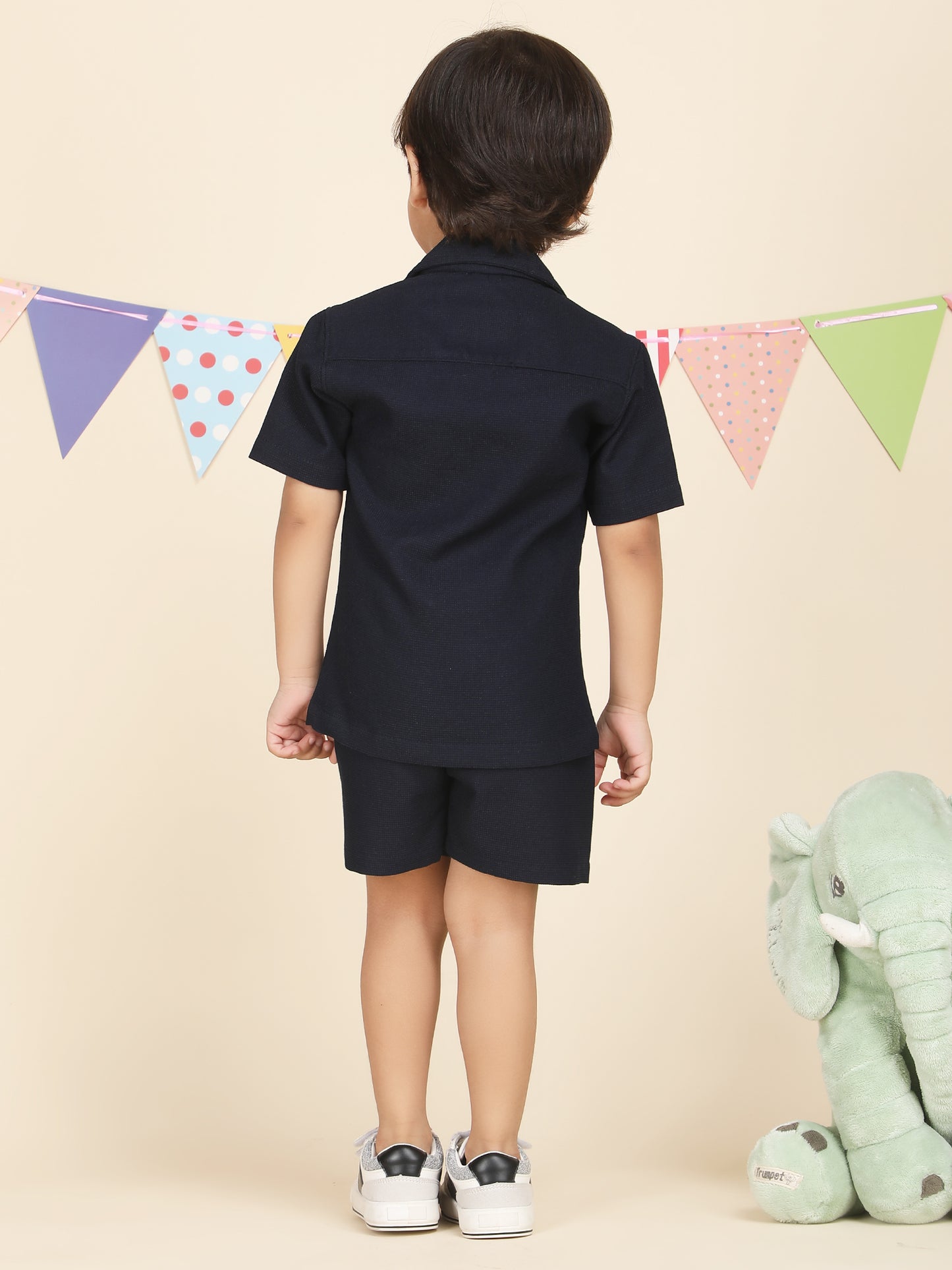 Polka Tots Half Sleeves Solid Co-ords - Navy Blue