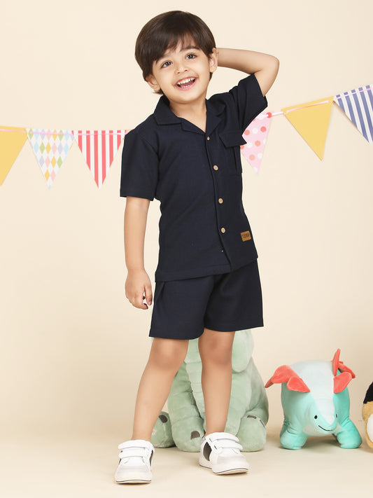 Polka Tots Half Sleeves Solid Co-ords - Navy Blue