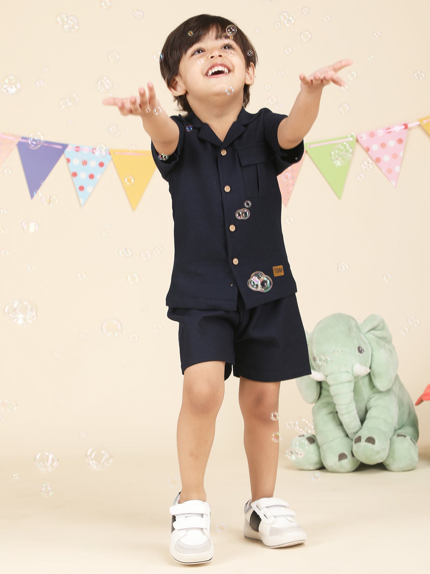 Polka Tots Half Sleeves Solid Co-ords - Navy Blue