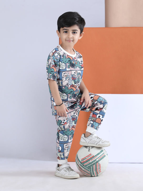 Polka Tots Half Sleeve Cartoon Print T-shirt Jogger - Multicolor