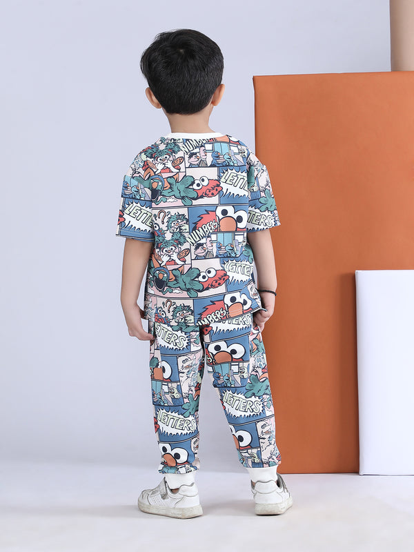Polka Tots Half Sleeve Cartoon Print T-shirt Jogger - Multicolor