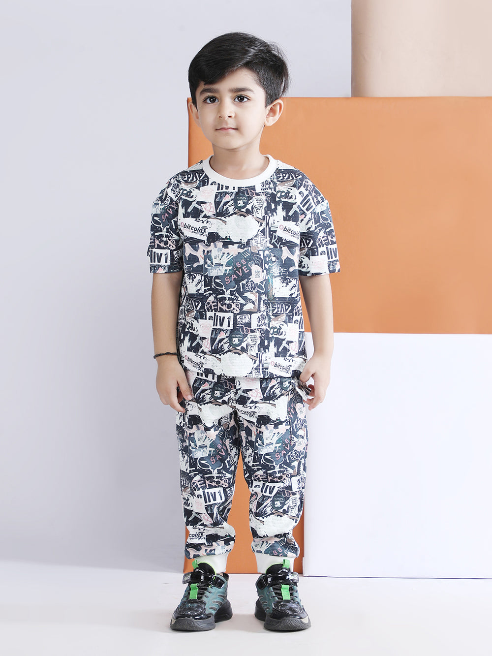 Polka Tots Half Sleeve Graphic Print T-shirt Jogger - Navy Blue