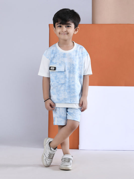 Polka Tots Half Sleeves  Tie-Dye T-Shirt Shorts with Pocket Detail - Blue