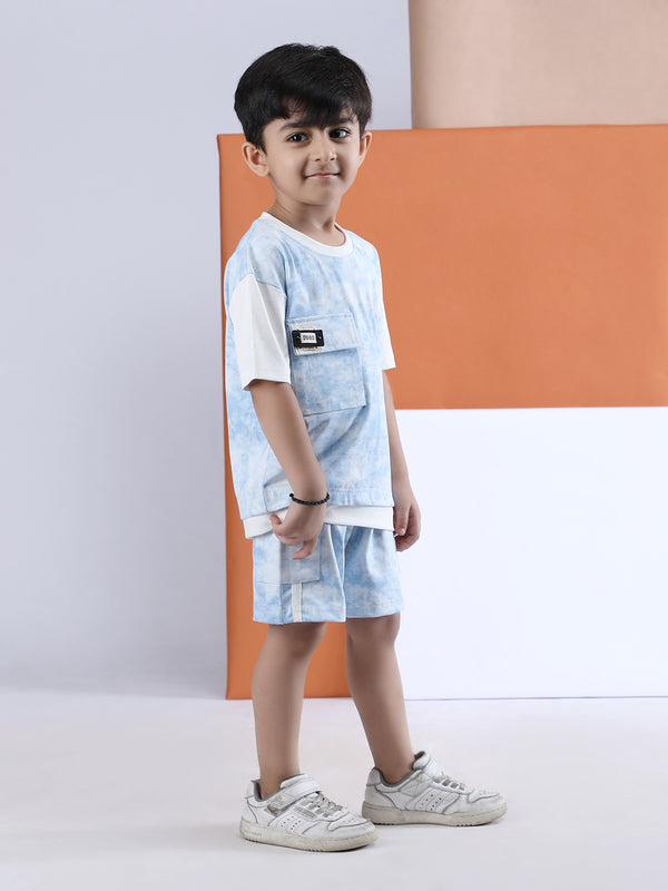 Polka Tots Half Sleeves  Tie-Dye T-Shirt Shorts with Pocket Detail - Blue