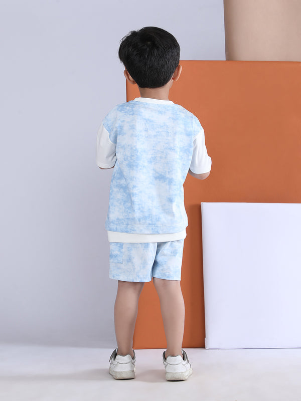 Polka Tots Half Sleeves  Tie-Dye T-Shirt Shorts with Pocket Detail - Blue