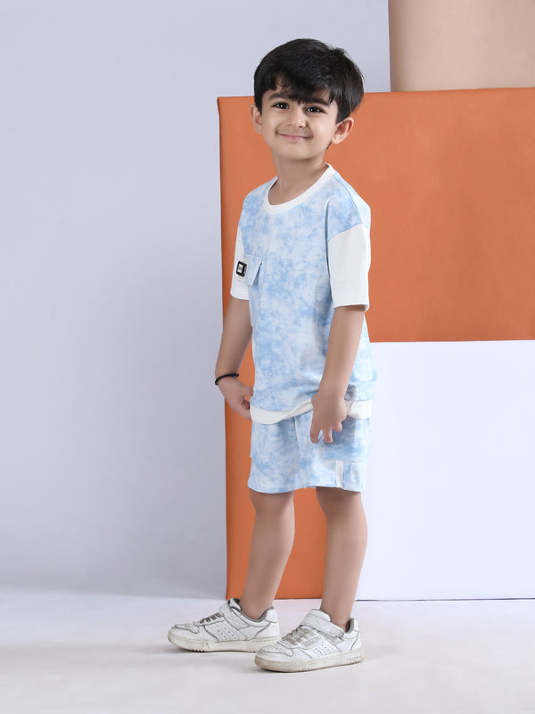 Polka Tots Half Sleeves  Tie-Dye T-Shirt Shorts with Pocket Detail - Blue