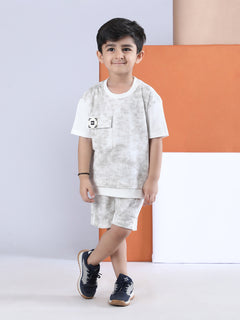 Polka Tots Half Sleeves Tie-Dye T-Shirt Shorts with Pocket Detail - Grey