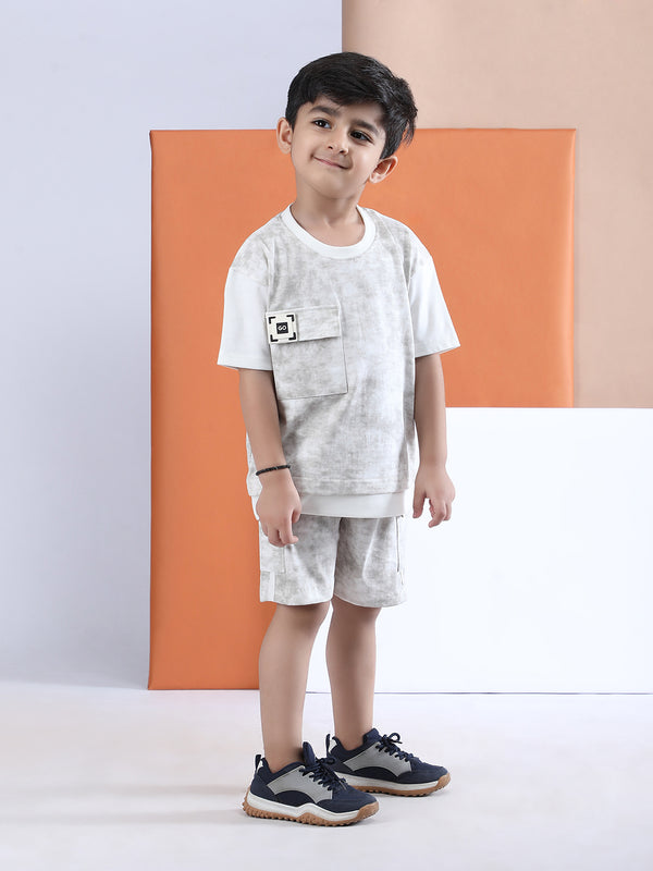 Polka Tots Half Sleeves Tie-Dye T-Shirt Shorts with Pocket Detail - Grey