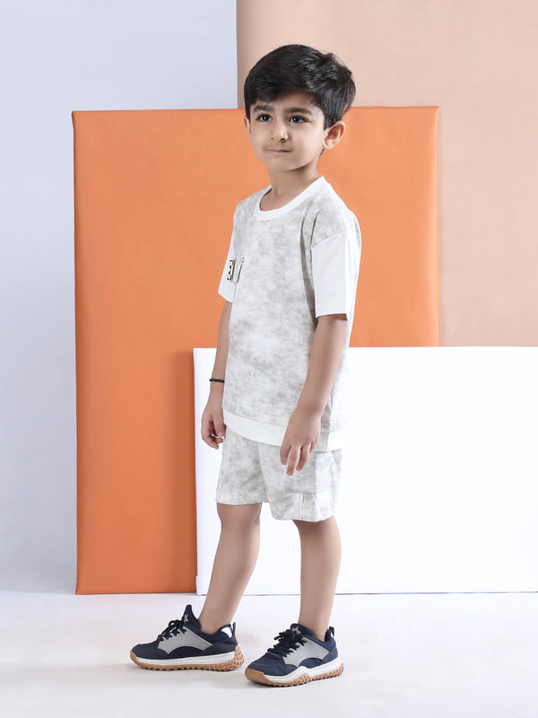 Polka Tots Half Sleeves Tie-Dye T-Shirt Shorts with Pocket Detail - Grey