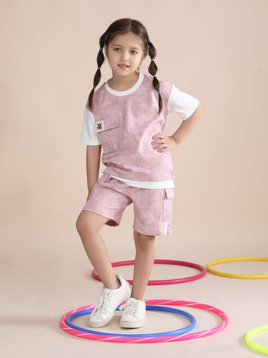 Polka Tots Half Sleeves Tie-Dye T-Shirt Shorts with Pocket Detail - Pink