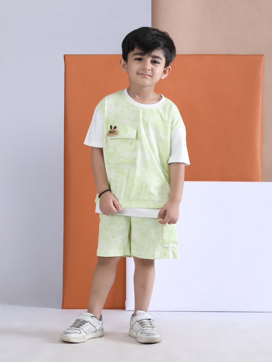 Polka Tots Half Sleeves Tie-Dye T-Shirt Shorts with Pocket Detail - Green