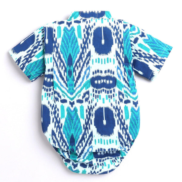 Polka Tots Peacock print Kimono Onesie - Blue