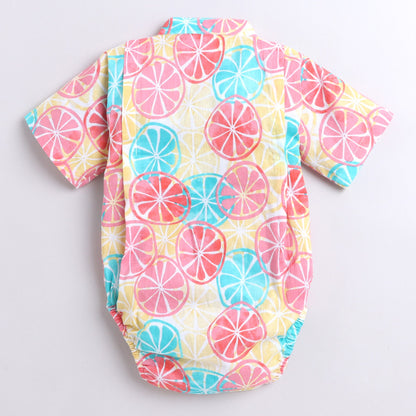 Polka Tots Lemon print Kimono Onesie - Multicolor