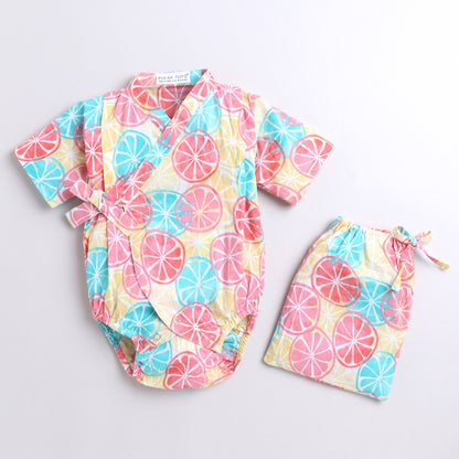 Polka Tots Lemon print Kimono Onesie - Multicolor