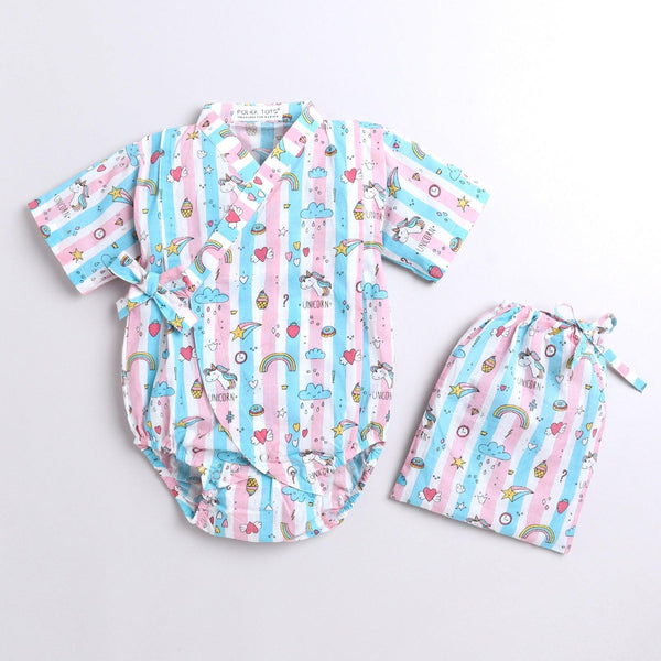 Polka Tots Unicorn print stripes Kimono Onesie - Pink