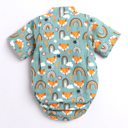 Polka Tots Fox print Kimono Onesie - Green