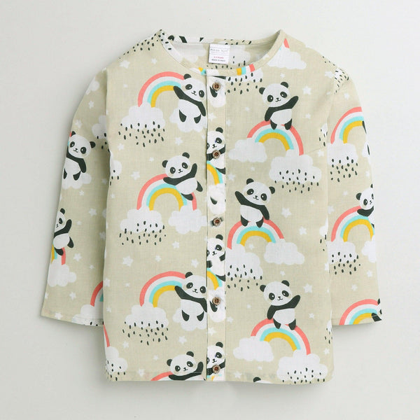 Polka Tots Panda Rainbow Print Front Open Full sleeves Nightwear Kurta pyjama set - Cream