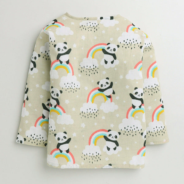 Polka Tots Panda Rainbow Print Front Open Full sleeves Nightwear Kurta pyjama set - Cream