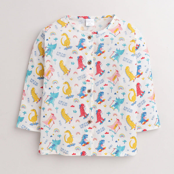 Polka Tots Dinosaur print Full sleeves Nightwear Kurta pyjama set - White