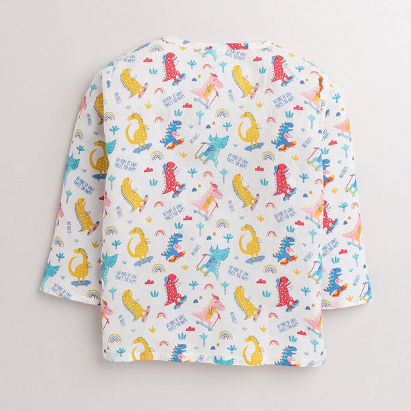 Polka Tots Dinosaur print Full sleeves Nightwear Kurta pyjama set - White