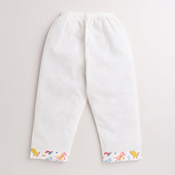 Polka Tots Dinosaur print Full sleeves Nightwear Kurta pyjama set - White