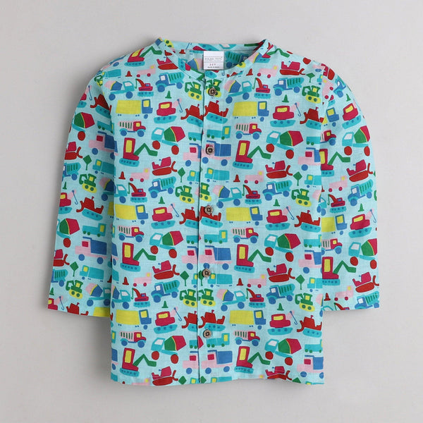 Polka Tots Car print Full Sleeves Front open Nightwear Kurta pyjama set - Blue