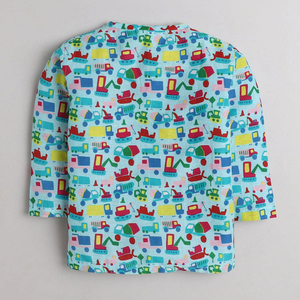 Polka Tots Car print Full Sleeves Front open Nightwear Kurta pyjama set - Blue