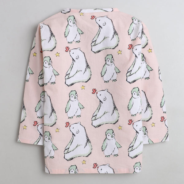 Polka Tots Bear print Front Open Full sleeves Nightwear Kurta pyjama set - Peach