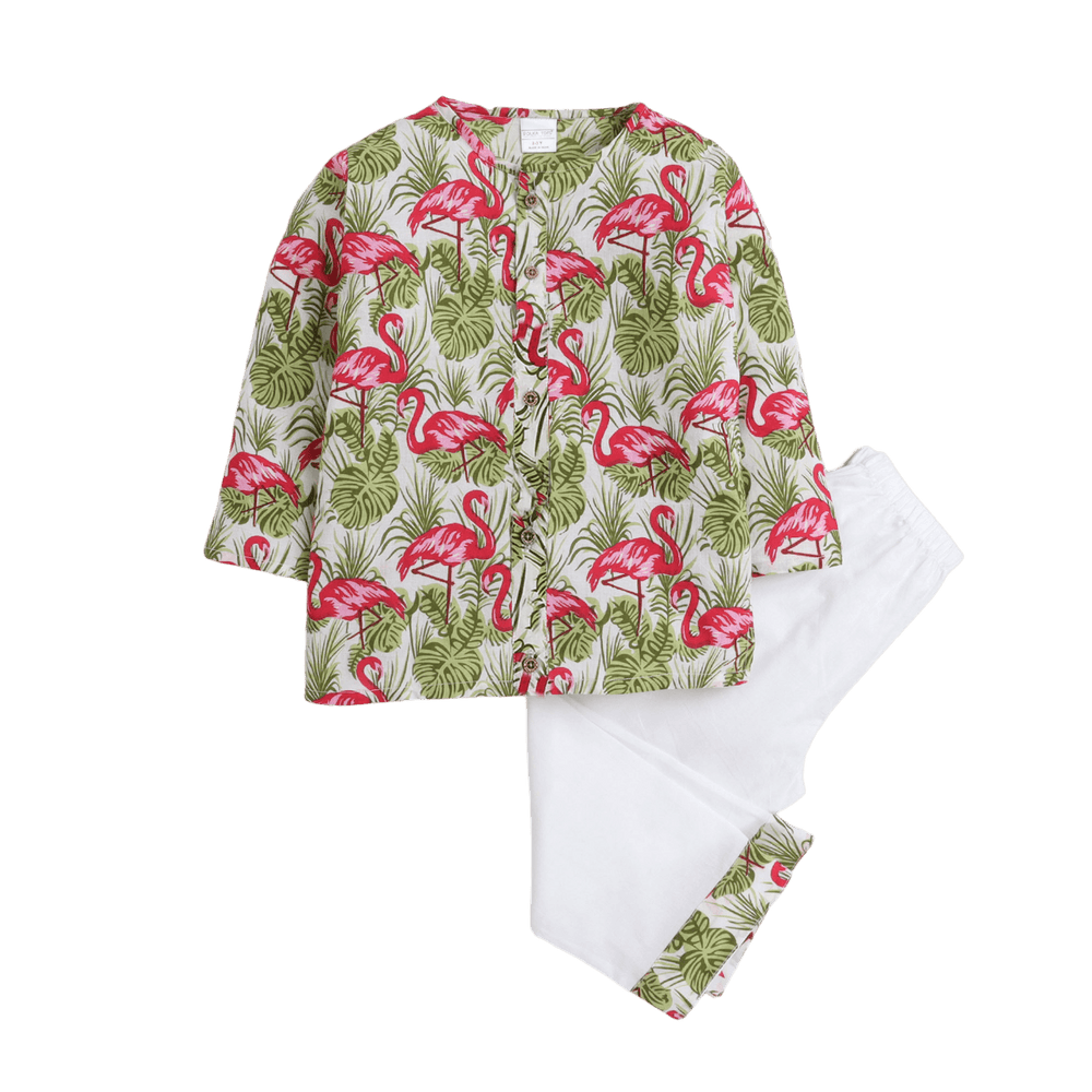 Polka Tots Swan print Full sleeves Nightwear Kurta pyjama set - White