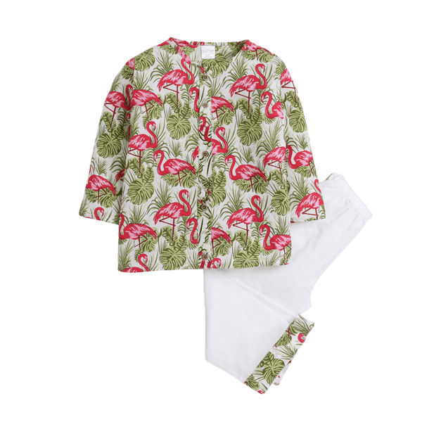 Polka Tots Swan print Full sleeves Nightwear Kurta pyjama set - White