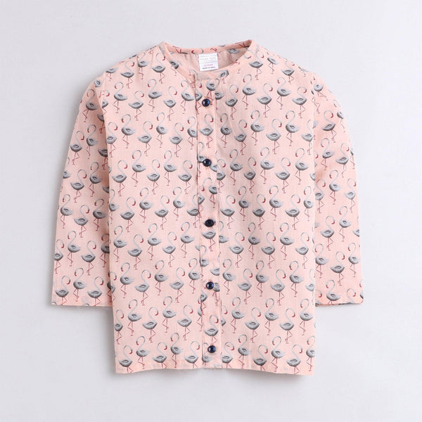 Polka Tots Swan print Front open Full sleeves Nightwear Kurta pyjama set - Peach