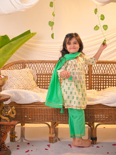Rangrez Collection: Green Lotus Charm Kurta Pant & Dupatta Set – White