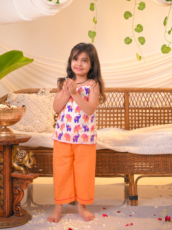 Polka Tots Girls Elephant Print Spaghetti Top & Bottom- Multicolour