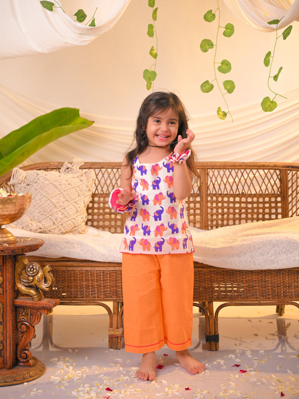 Polka Tots Girls Elephant Print Spaghetti Top & Bottom- Multicolour
