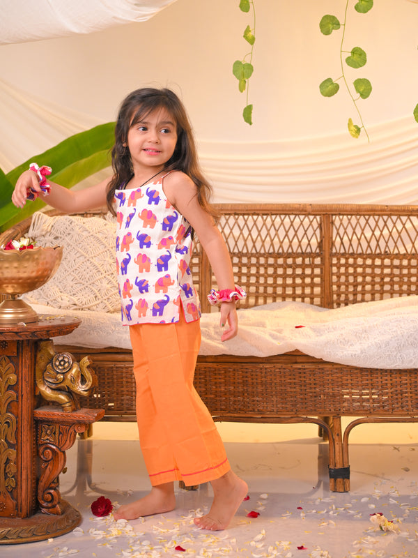 Polka Tots Girls Elephant Print Spaghetti Top & Bottom- Multicolour