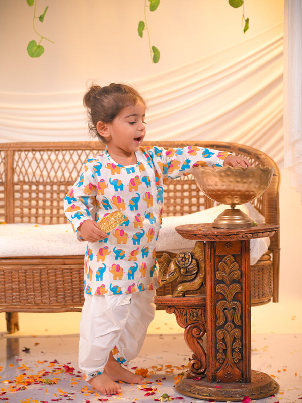 Vibrant Elephant Print Angrakha Kurta Dhoti Set – White