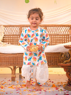 Vibrant Elephant Print Angrakha Kurta Dhoti Set – White