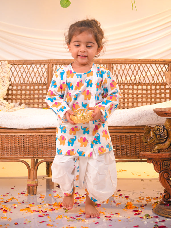 Vibrant Elephant Print Angrakha Kurta Dhoti Set – White