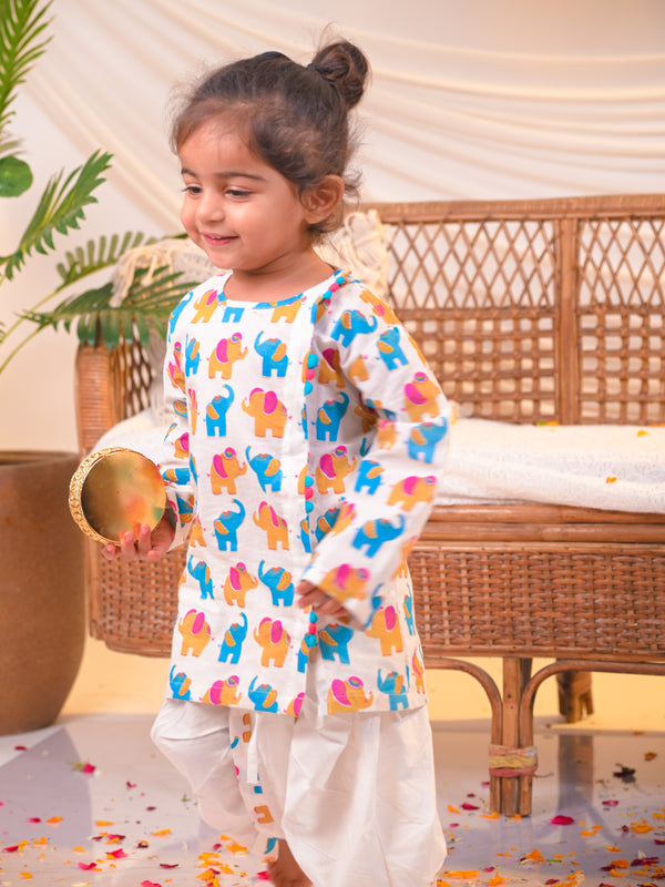Vibrant Elephant Print Angrakha Kurta Dhoti Set – White