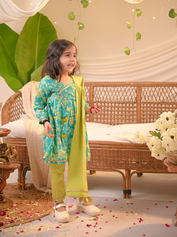 Rangrez Collection: Floral Print Full-Sleeve Girls’ Kurta Pant Set – Green